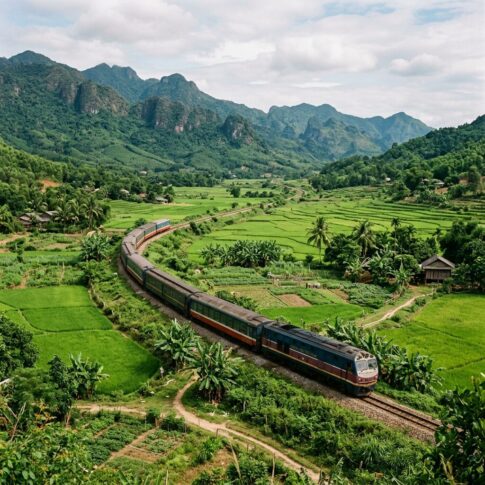 Passenger train winding through green rice fields beneath forested mountains